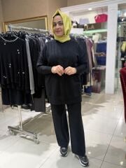 Fuat Gürşen 4350 Dik Taş Baskılı Pantolonlu Takım - Siyah