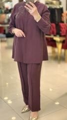 Nuss 1070 Taş İşlemeli Gömlekli Takım - Mürdüm