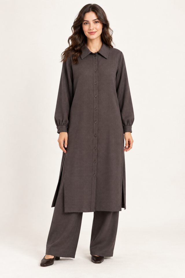 Nuss 1096 Uzun Tunik Detay Kendinden Desenli Takım Kahve