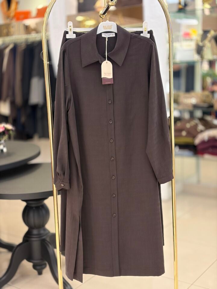 Nuss 1096 Uzun Tunik Detay Kendinden Desenli Takım Kahve