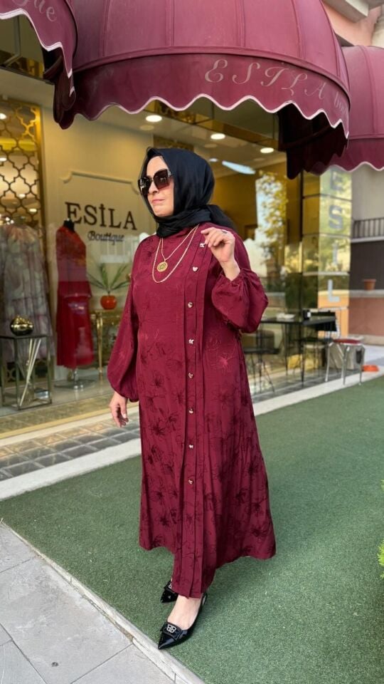SEÇİL BORDO DESENLİ ELBİSE