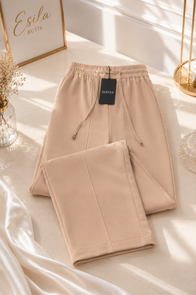 Sentez- 5618 Elegance Beli Lastikli Pantolon -Bej