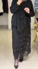 Fuat Gürşen 5404 Güpür Üzeri Boncuk İşlemeli Etek - Siyah