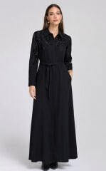 Fuat Gürşen 5101 Güpür ve Boncuk Detay Elbise - Siyah