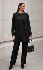 Fuat Gürşen 5301 Çiçeği Boncuk İşlemeli Tunik - Siyah