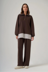 Nuss 1075 Gömlek Detay Gemici Yaka Pantolonlu Takım - Kahve