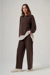 Nuss 1075 Gömlek Detay Gemici Yaka Pantolonlu Takım - Kahve