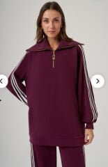 Nuss 1093 Gemici Yaka Şerit Detay Pantolonlu Takım - Mürdüm