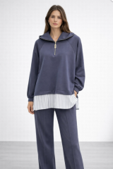 Nuss 1075 Gömlek Detay Gemici Yaka  Pantolonlu Takım - Lacivert