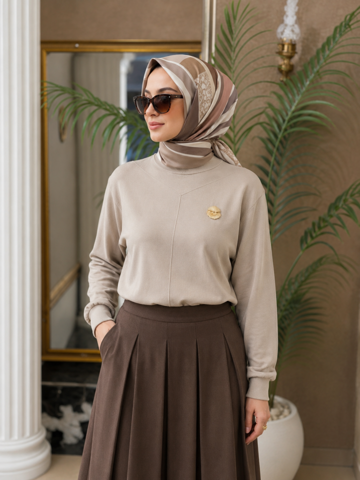 NUSS 200 Broş Detaylı Yarım Balıkçı Triko Tunik Bej