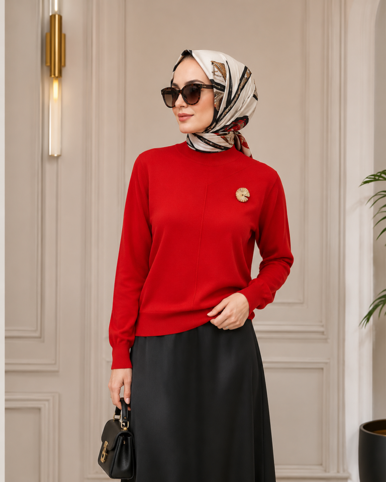 NUSS 200 Broş Detaylı Yarım Balıkçı Triko Tunik Kırmızı