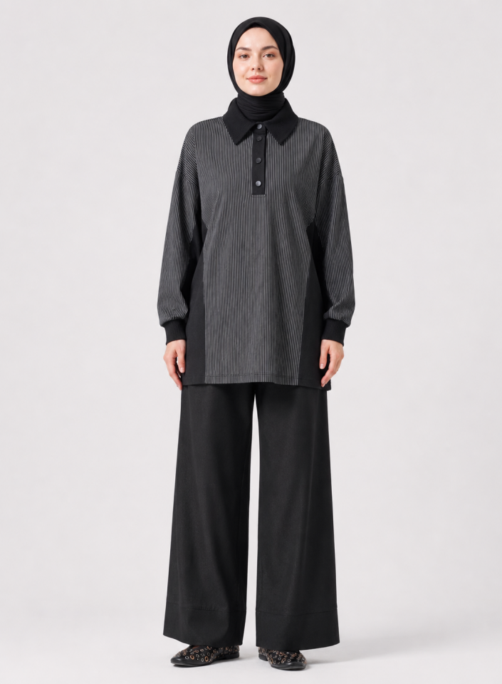 Nuss 1040 Çizgili Polo Yaka Pantolonlu Takım Siyah