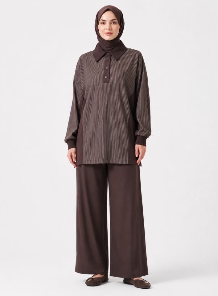 Nuss 1040 Çizgili Polo Yaka Pantolonlu Takım Kahve