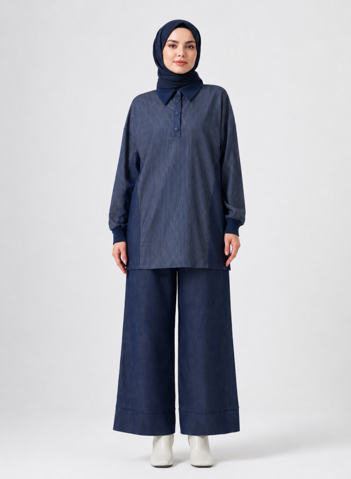 Nuss 1040 Çizgili Polo Yaka Pantolonlu Takım Lacivert