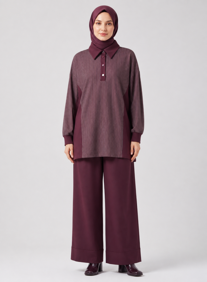 Nuss 1040 Çizgili Polo Yaka Pantolonlu Takım Mürdüm