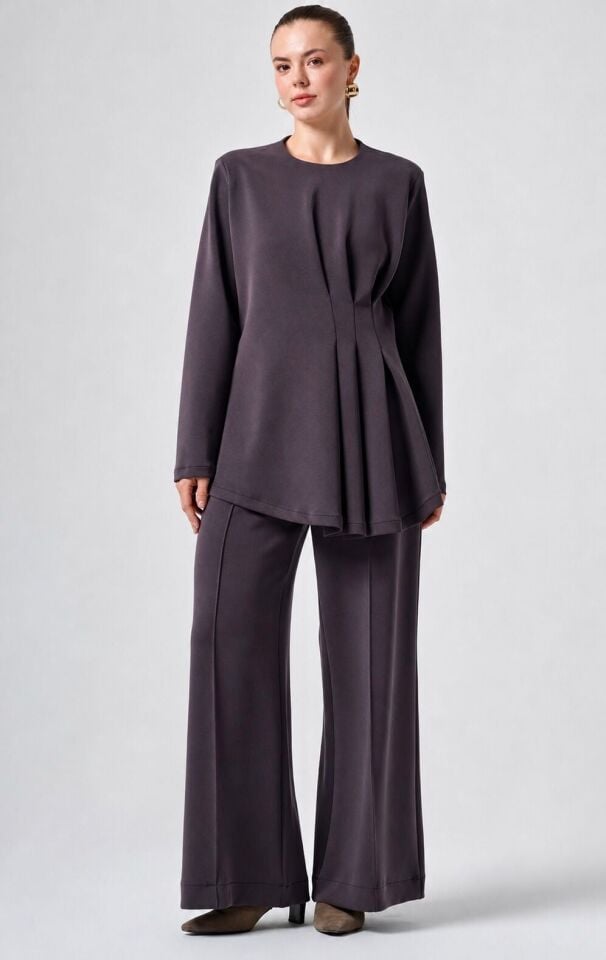 Nuss 1044 Bel Pile Detaylı Pantolonlu Takım Kahve