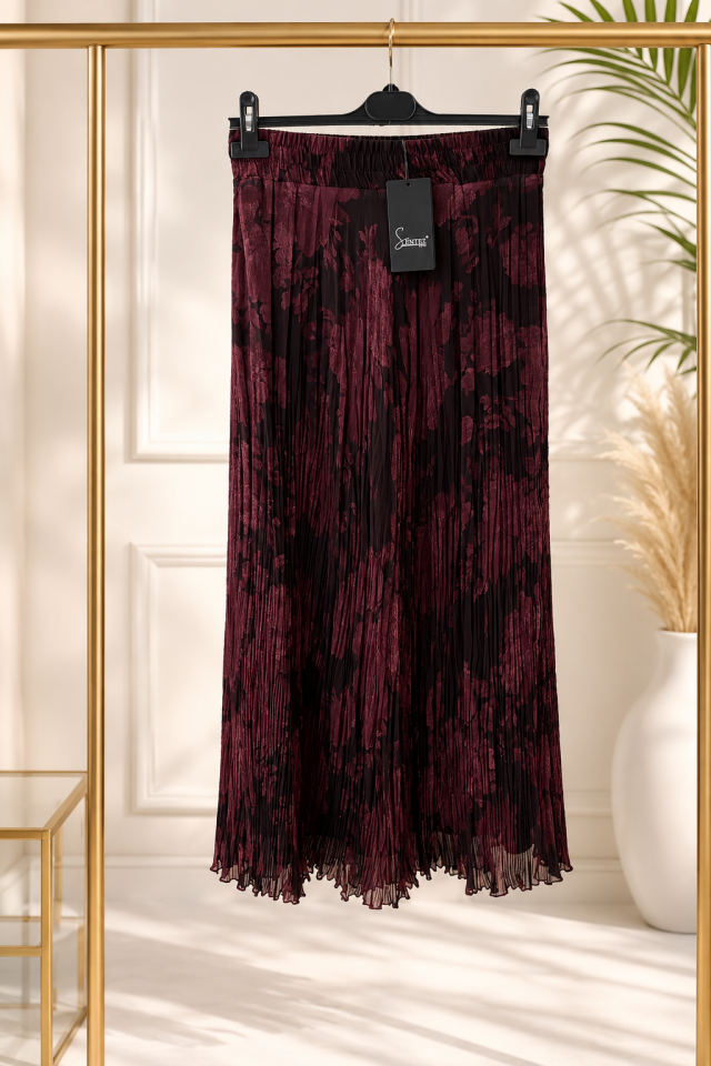 Sentez 5482 Desenli Şifon Kırıştırma Etek- Bordo