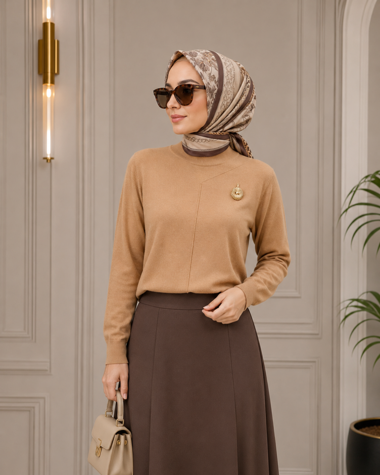 NUSS 200 Broş Detaylı Yarım Balıkçı Triko Tunik Mocha