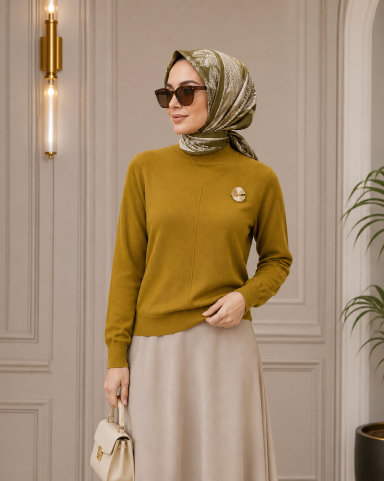 NUSS 200 Broş Detaylı Yarım Balıkçı Triko Tunik Lime