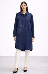 Fuat Gürşen 5323 Tek Cep Detay Boncuk İşlemeli Uzun Tunik - Lacivert
