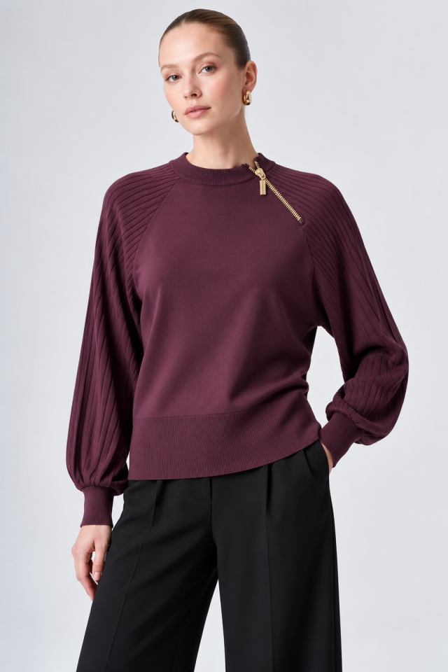 Nuss 205 Omuz Fermuar Detay Triko Bluz Bordo