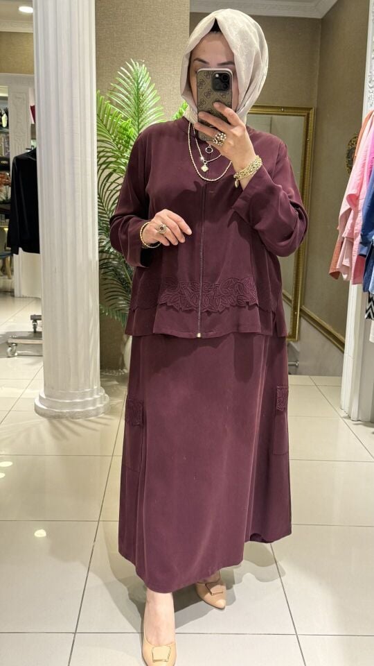 Defrina - Nakış Detaylı Tencel Etekli Takım -Bordo