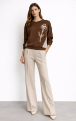 Fuat Gürşen 5366 Yanları Çizgi Garnili Taş İşlemeli Bluz - Kahve