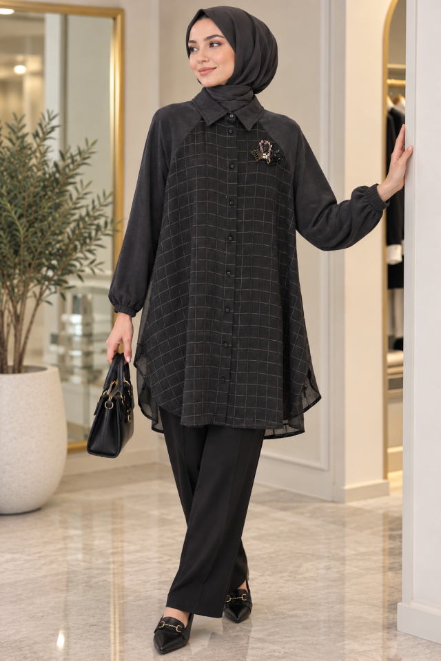Fuat Gürşen 6306 Sim Ekose Geçişli Tunik Siyah