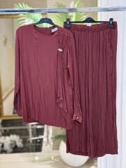 Tığtriko Metal Tokalı Fular Detaylı Saten Pantolonlu Takım-Bordo