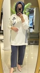 Fuat Gürşen 5366 -Taş İşlemeli Çizgi Garnili Tunik - Ekru