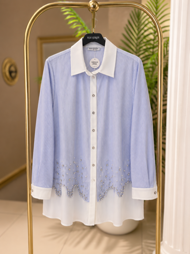 Fuat Gürşen 5304 Oval Kesim Taş İşlemeli Tunik - Bebe Mavisi