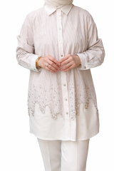 Fuat Gürşen 5304 Oval Kesim Taş İşlemeli Tunik - Bej