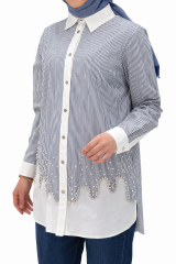 Fuat Gürşen 5304 Oval Kesim Taş İşlemeli Tunik - Lacivert