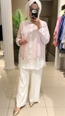 Fuat Gürşen 5304 Oval Kesim Taş İşlemeli Tunik -  Pembe