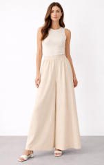 Sentez 5561 Logos Geniş Paça Pantolon - Taş