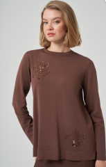 NUSS/  Çiçeği Payet ve Boncuk İşlemeli Etekli Takım - Kahve