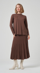 NUSS/  Çiçeği Payet ve Boncuk İşlemeli Etekli Takım - Kahve