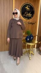 NUSS/  Çiçeği Payet ve Boncuk İşlemeli Etekli Takım 26K-1352- Kahve