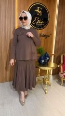 NUSS/  Çiçeği Payet ve Boncuk İşlemeli Etekli Takım 26K-1352- Kahve