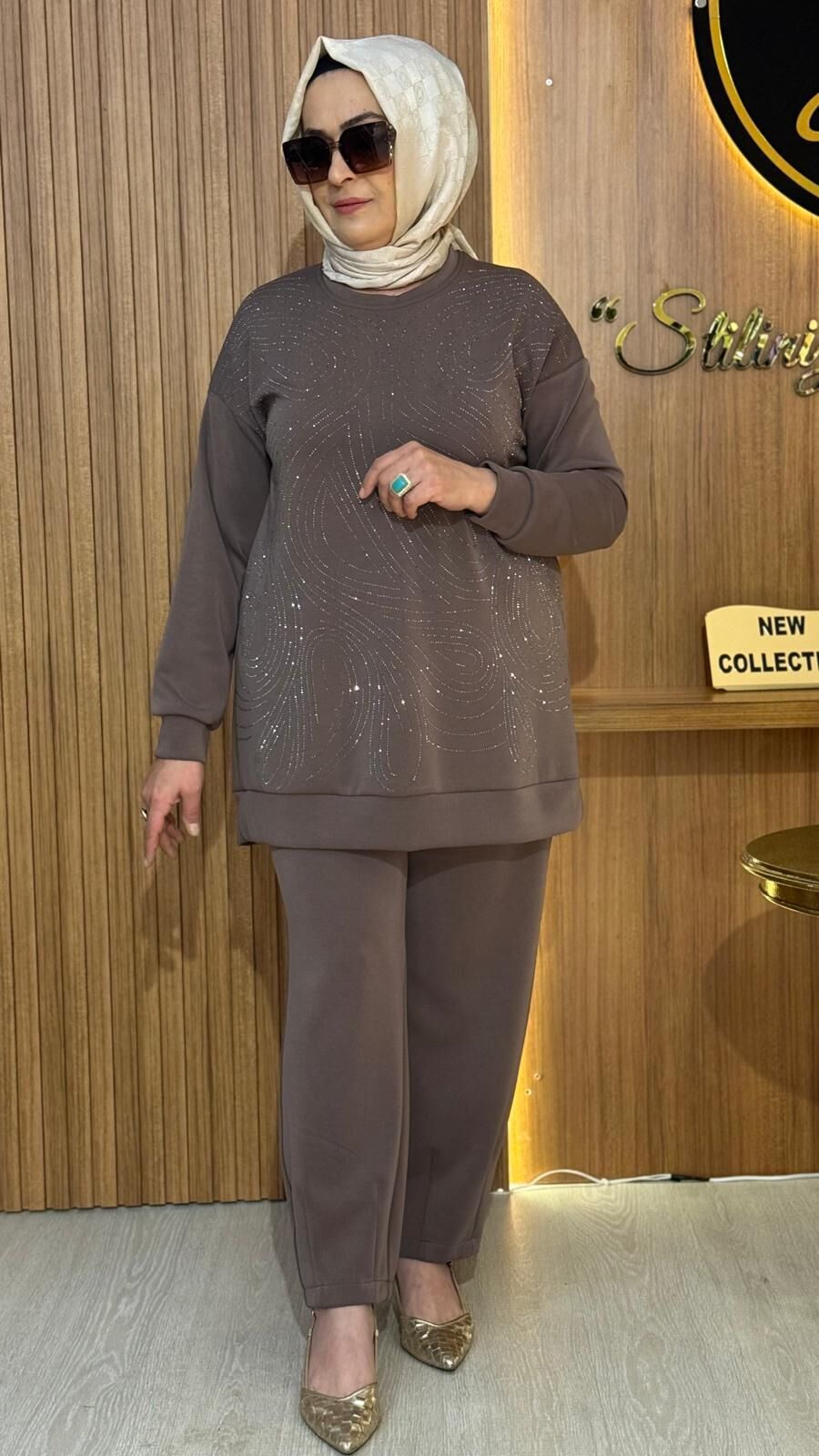 FUAT GÜRŞEN 4337 TAŞ BASKILI PANTOLONLU TAKIM / KAHVE