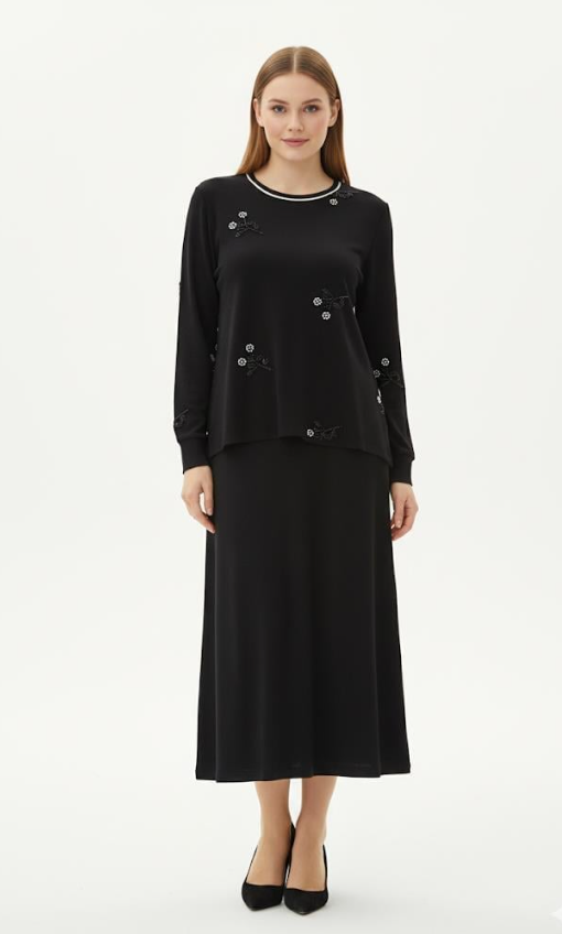 FUAT GÜRŞEN 4359 ÇİÇEK İŞLEMELİ ETEKLİ TAKIM / SİYAH