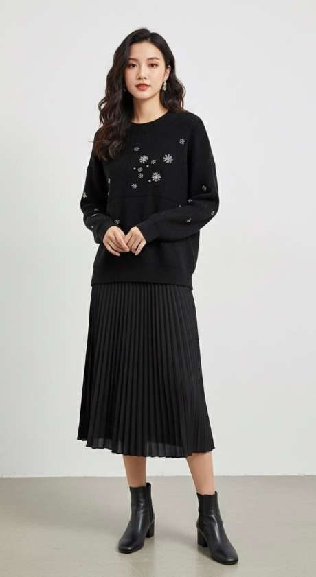 Fuat Gürşen 4355 Taş Baskılı Simli Tunik - Siyah