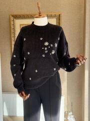 Fuat Gürşen 4355 Taş Baskılı Simli Tunik - Siyah