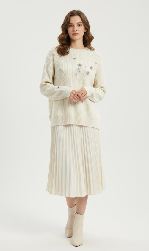 Fuat Gürşen 4355 Taş Baskılı Simli Tunik - Ekru