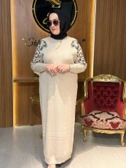 Fuat Gürşen 4106 Kolları İşleme Detay Kemerli  Merserize Elbise - Bej