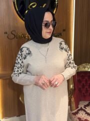 Fuat Gürşen 4106 Kolları İşleme Detay Kemerli  Merserize Elbise - Bej