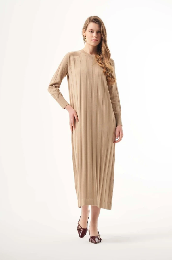 Nuss 1401 Kalın Fitilli Merserize Elbise - Mocha