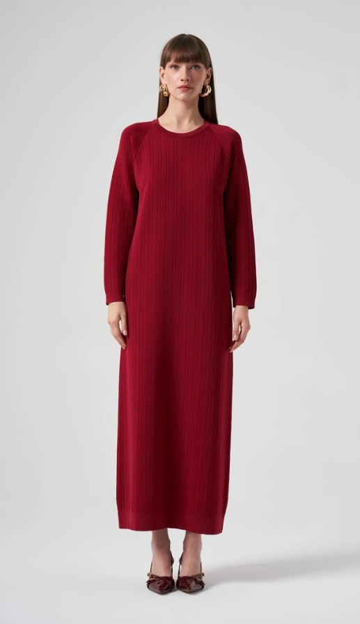 Nuss 1401 Kalın Fitilli Merserize Elbise - Bordo