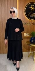 NUSS/  Çiçeği Payet ve Boncuk İşlemeli Etekli Takım  26K-1352 - Siyah
